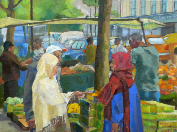 A painting of a honey mango stall in Whitechapel by Caroline Mayow