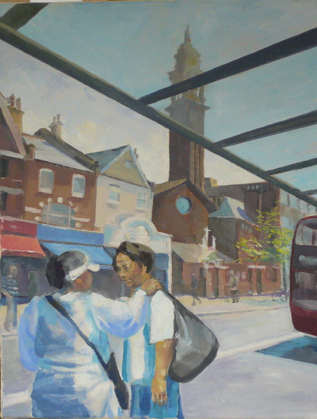 An oil painting of Lewisham High Street by Caroline Mayow