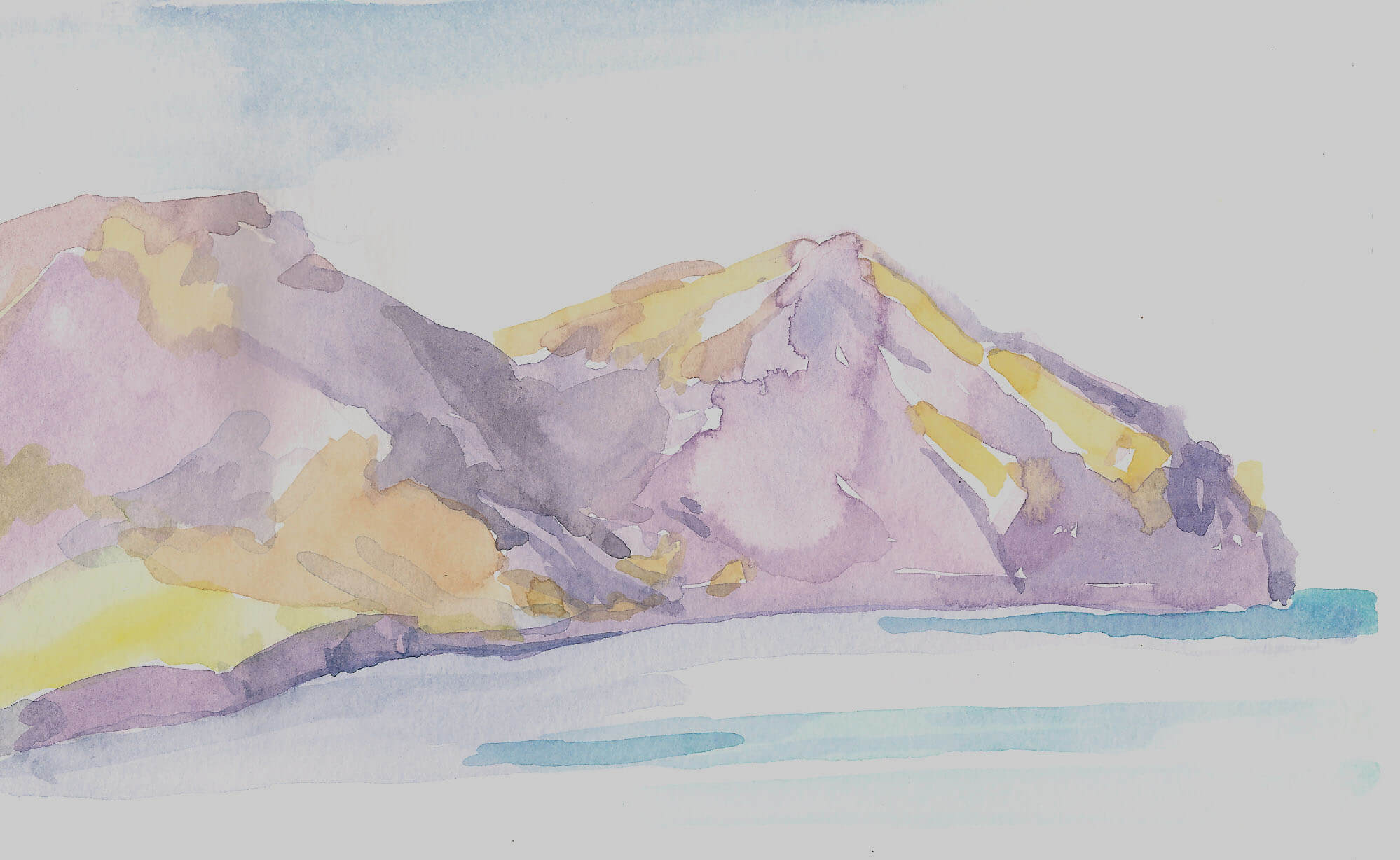 A watercolour of a mountain from Gorgona by Caroline Mayow