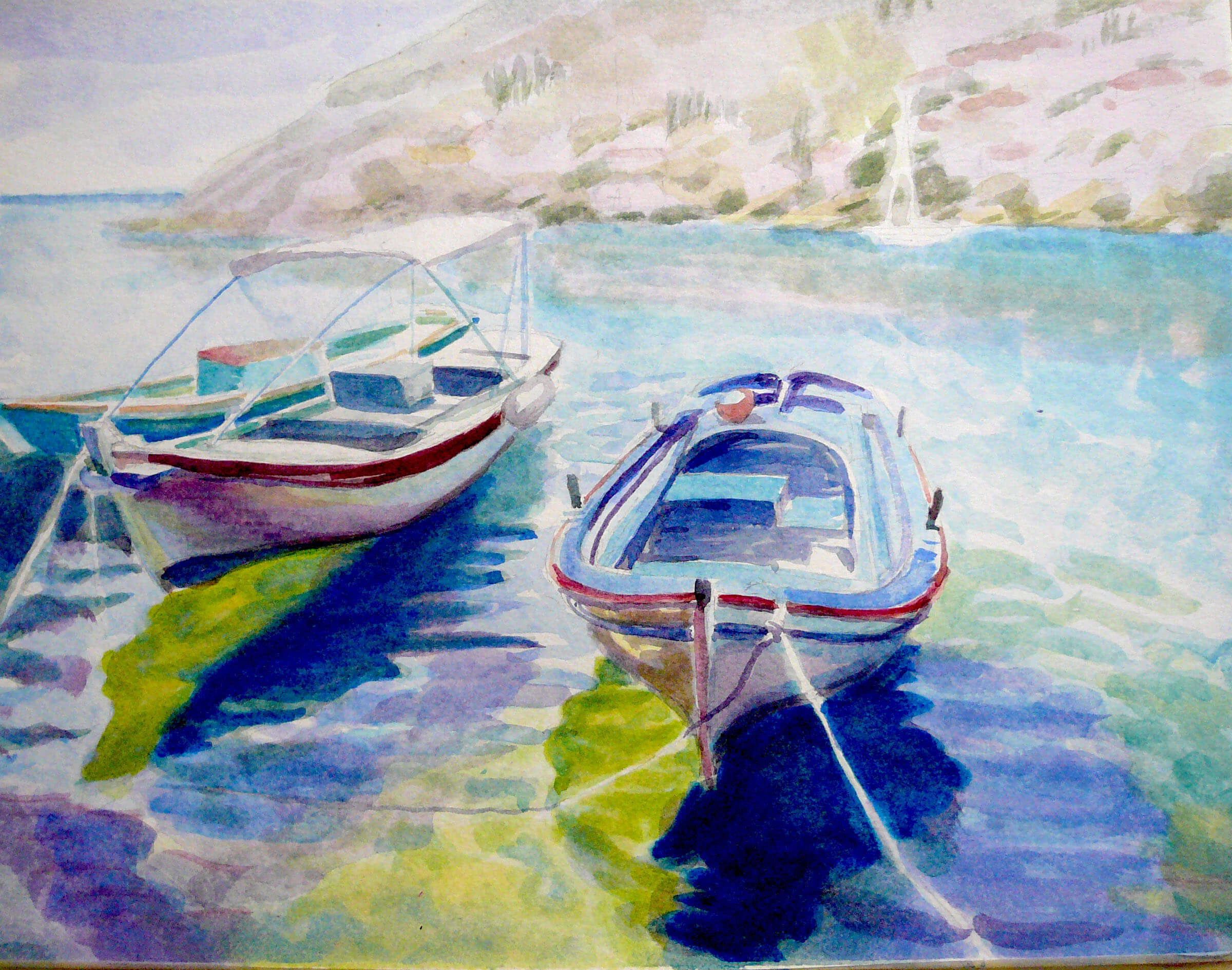 A watercolour of nice boats in Ithaca by Caroline Mayow