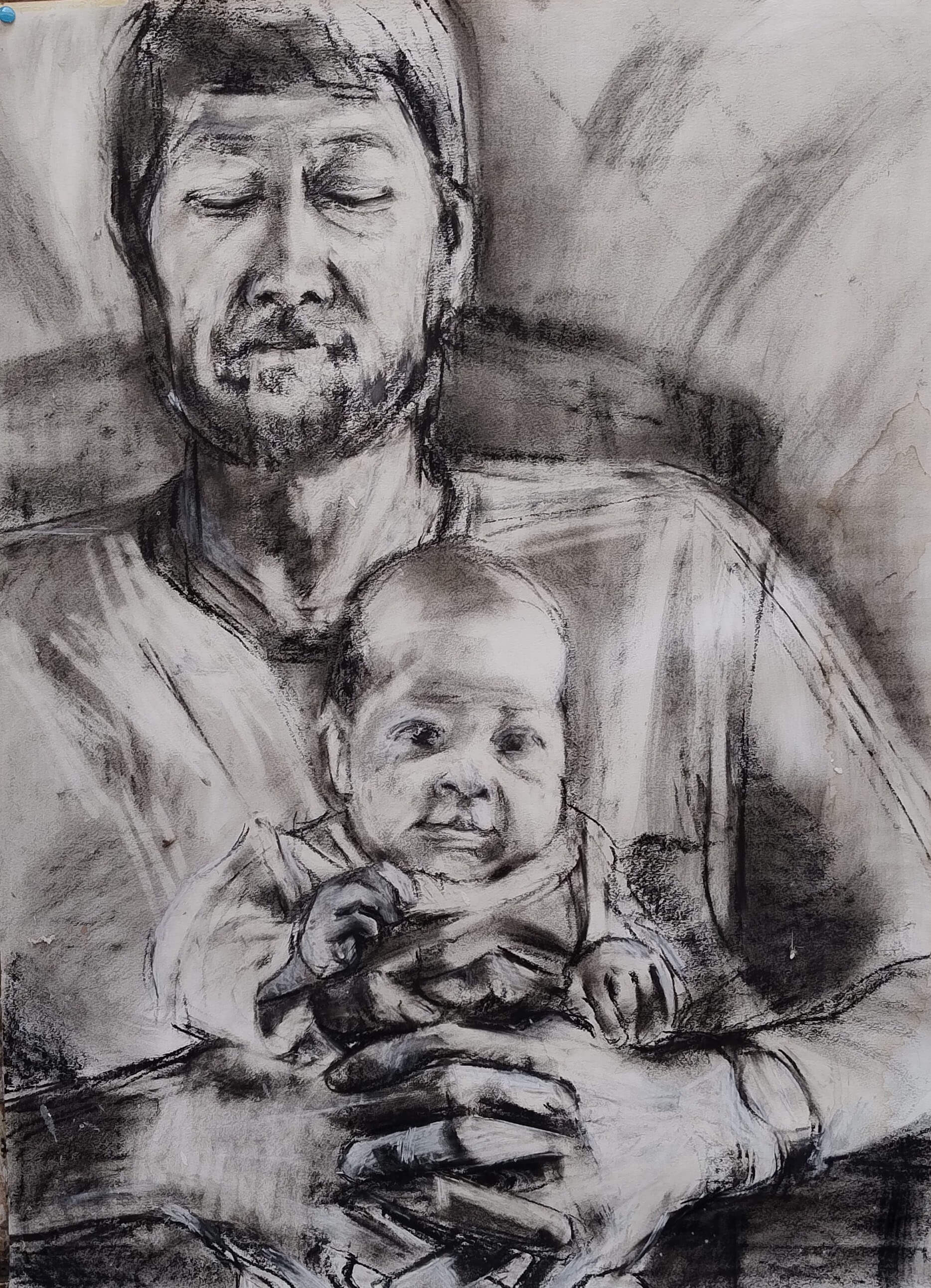 A charcoal drawing of Nick and Lisa by Caroline Mayow