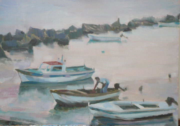 An oil painting of a rock jetty at sunset by Caroline Mayow